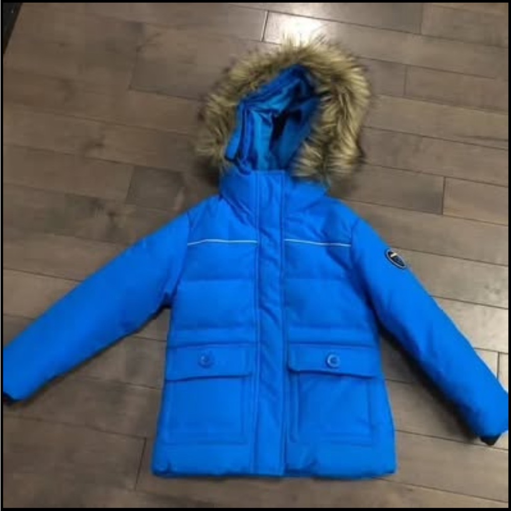Boys Eckored Vibrant Blue down parka with Faux Fur Hood